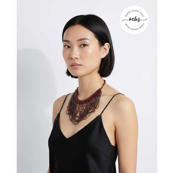 Vintage Red Black Beaded Multi Strand Draped Ovelapping Choker Necklace - Picture 1 of 5